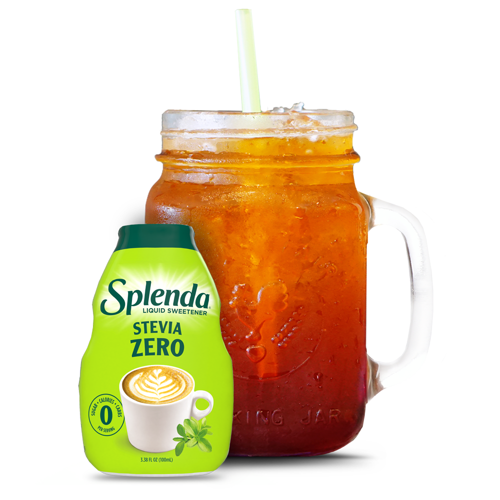 Splenda Liquid Sweeteners Stevia Zero with a glass of iced tea